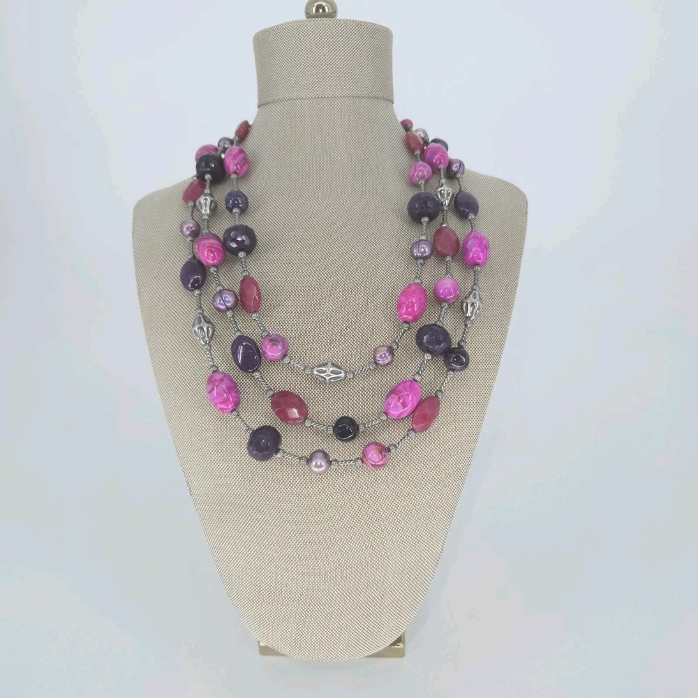 CAROLYN POLLACK Sterling Silver Chunky Pink Gemstone 3 Strand Layered Necklace